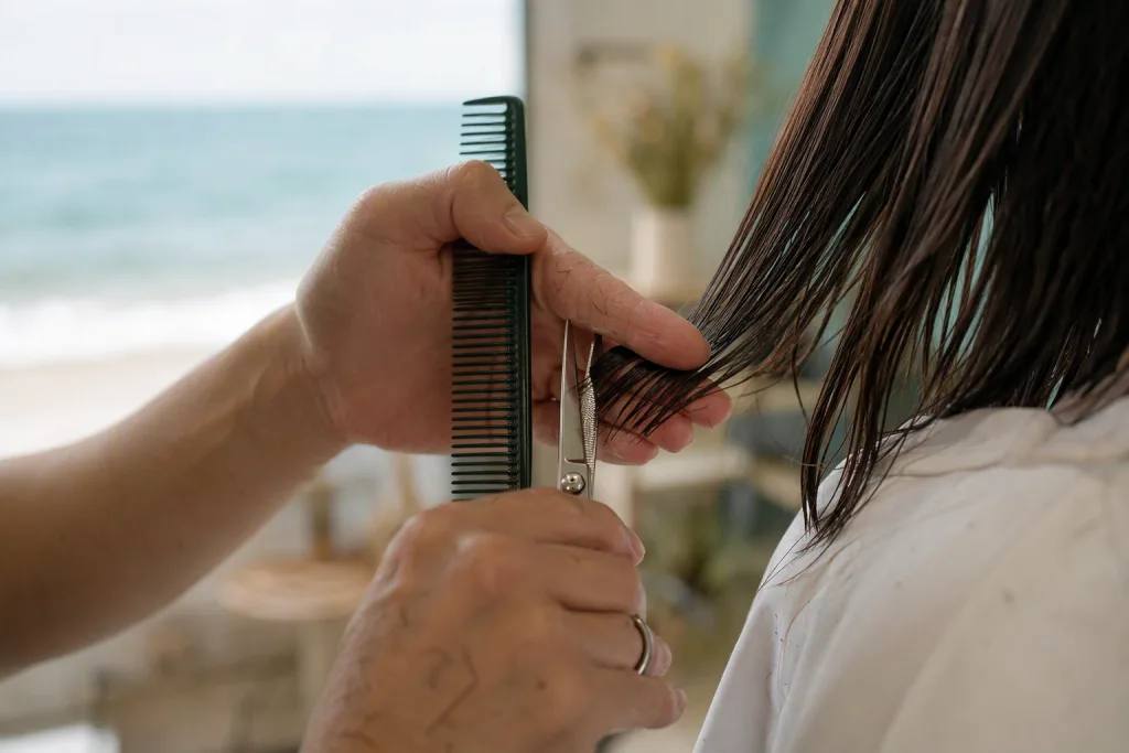 Stylist hands using Japanese shears to precision-cut damp hair in natural oceanfront light