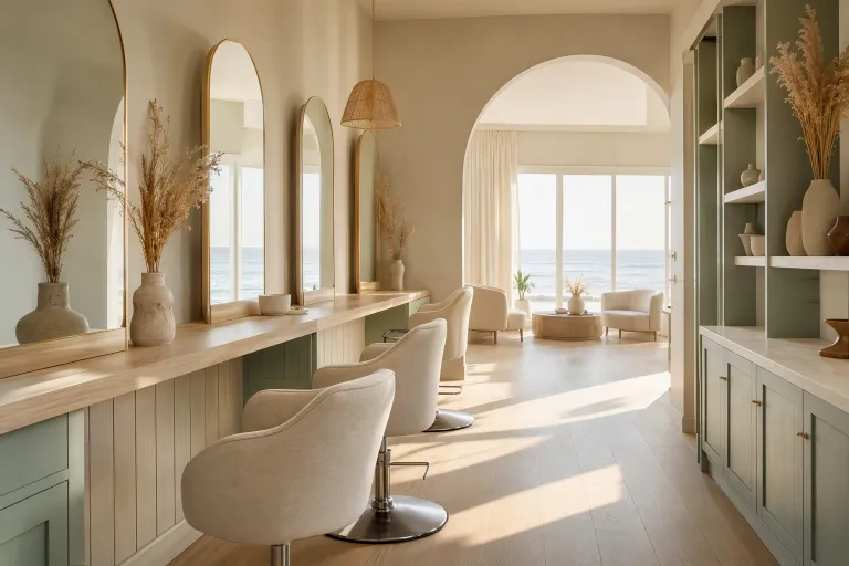 Sunlit Long Beach studio interior with pale white oak styling stations and arched mirrors